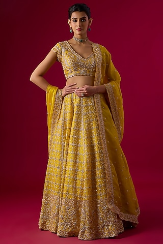 Yellow Organza Zardosi Embroidered Lehenga Set by Vedant G