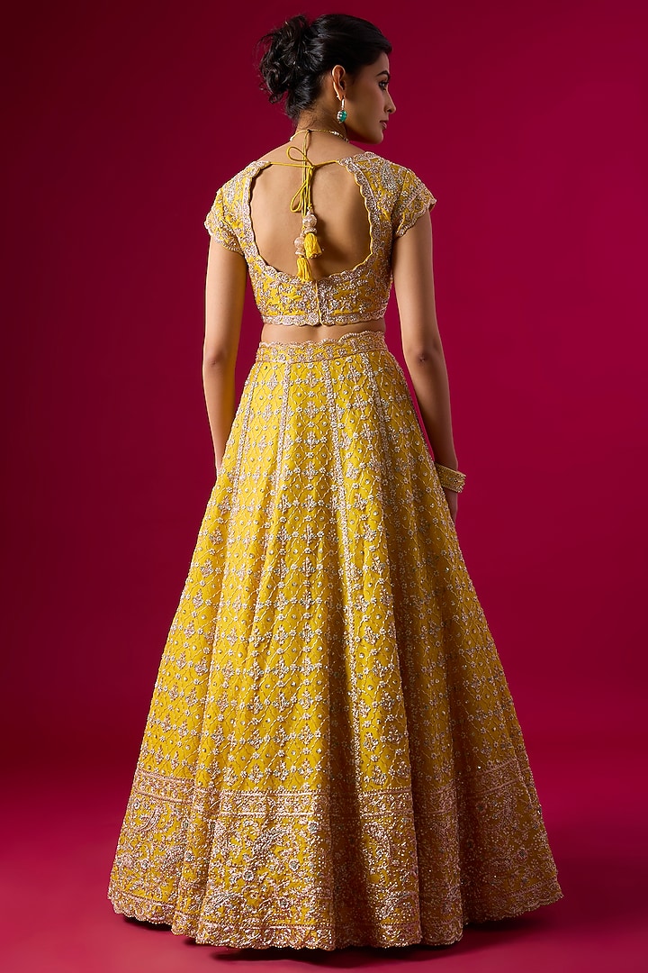 Yellow Organza Zardosi Embroidered Bridal Lehenga Set by Vedant G at Pernia's Pop Up Shop