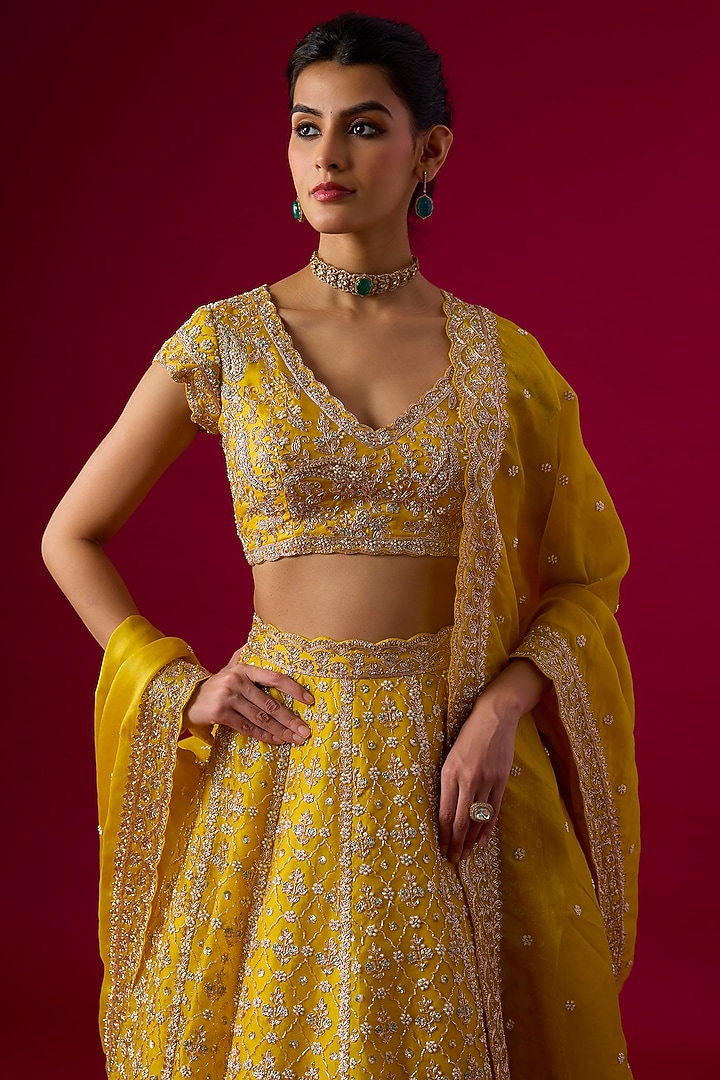 Yellow Organza Zardosi Embroidered Bridal Lehenga Set by Vedant G at Pernia's Pop Up Shop
