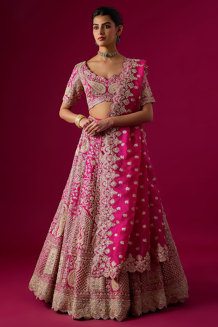 Pink Organza Zardosi & Zari Embroidered Bridal Lehenga Set by Vedant G at Pernia's Pop Up Shop