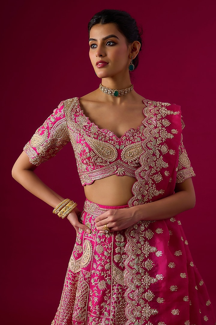 Pink Organza Zardosi & Zari Embroidered Bridal Lehenga Set by Vedant G at Pernia's Pop Up Shop