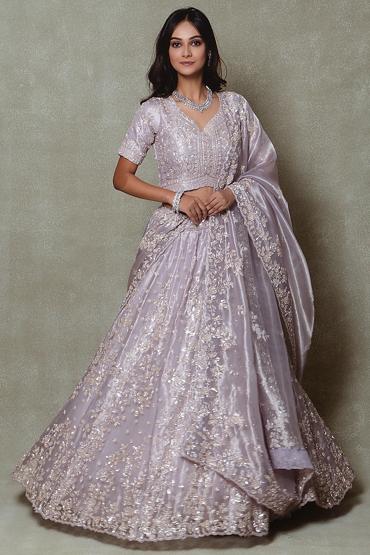 Lilac Tissue Sequins Embroidered Bridal Lehenga Set by Vedant G at Pernia's Pop Up Shop