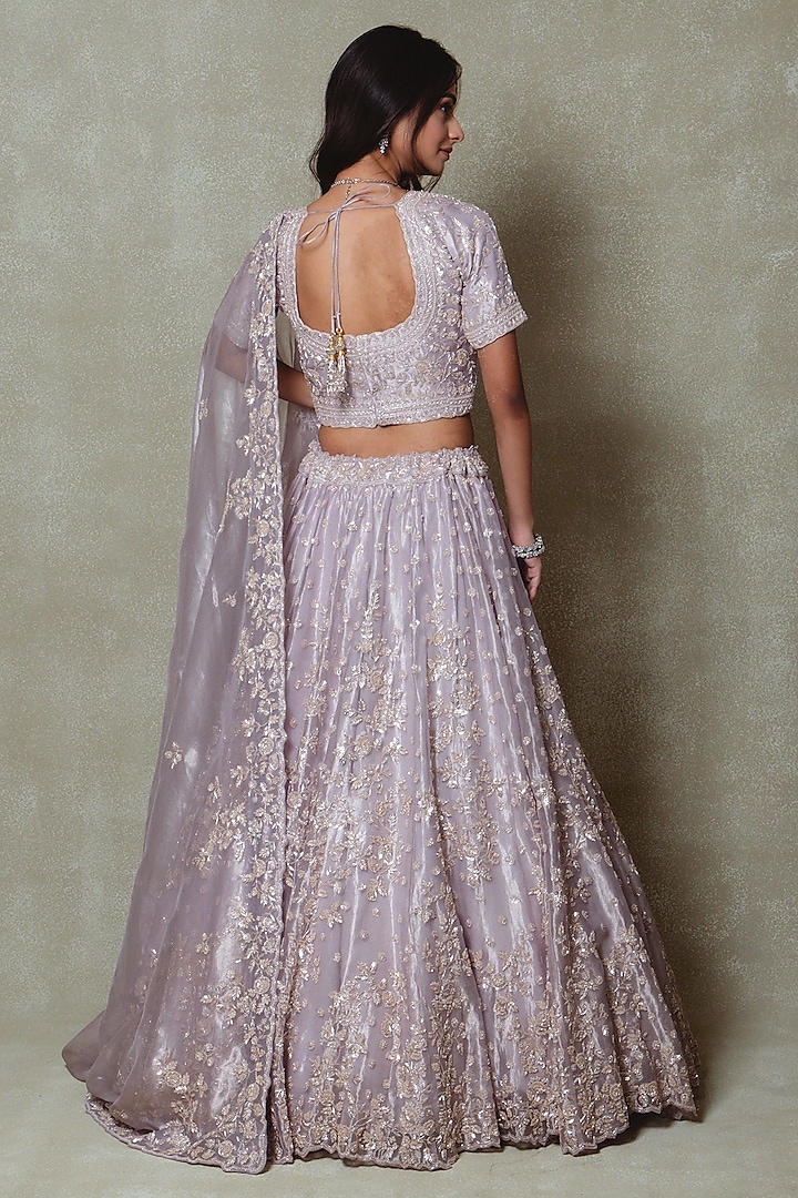 Lilac Tissue Sequins Embroidered Bridal Lehenga Set by Vedant G at Pernia's Pop Up Shop
