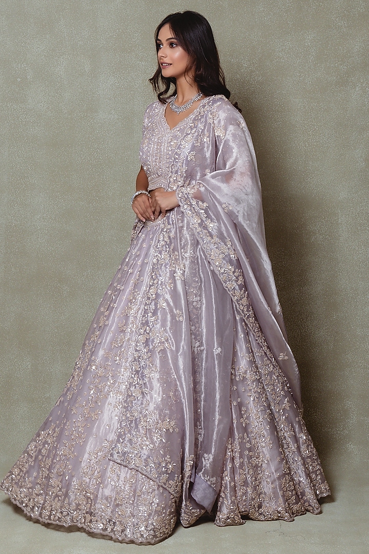 Lilac Tissue Sequins Embroidered Bridal Lehenga Set by Vedant G at Pernia's Pop Up Shop