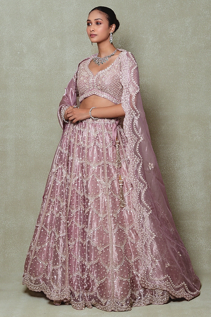 Rose Pink Tissue Sequins Embroidered Bridal Lehenga Set by Vedant G at Pernia's Pop Up Shop
