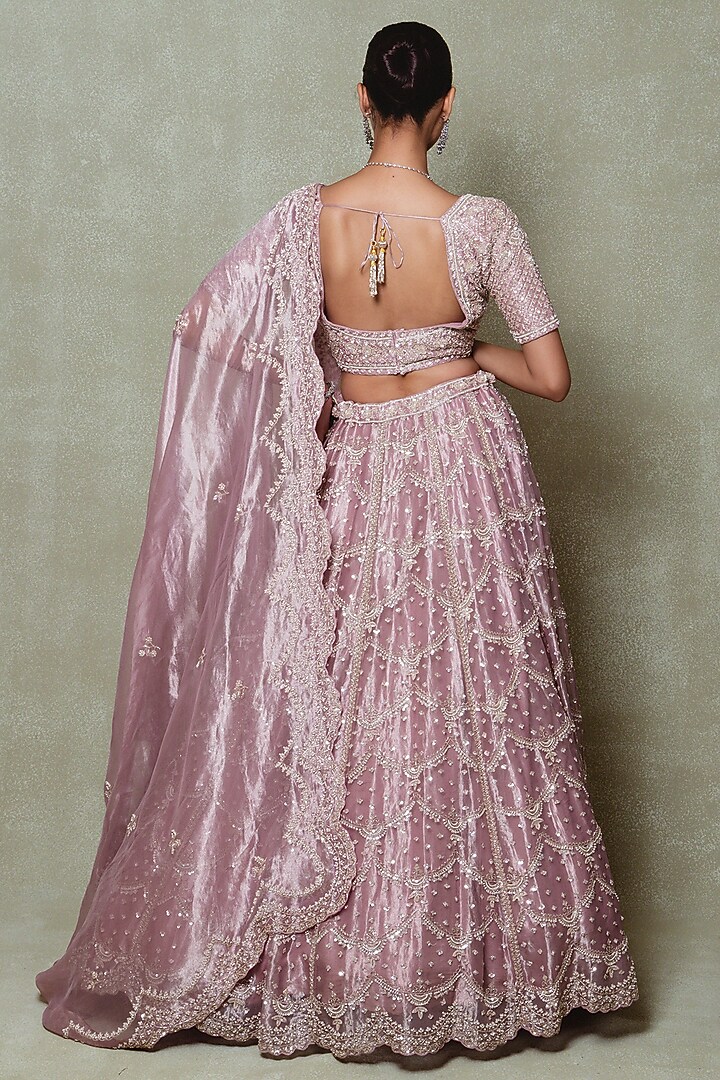 Rose Pink Tissue Sequins Embroidered Bridal Lehenga Set by Vedant G at Pernia's Pop Up Shop