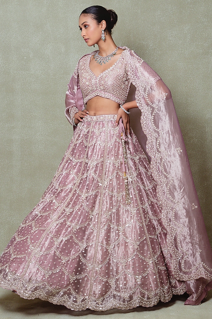 Rose Pink Tissue Sequins Embroidered Bridal Lehenga Set by Vedant G at Pernia's Pop Up Shop