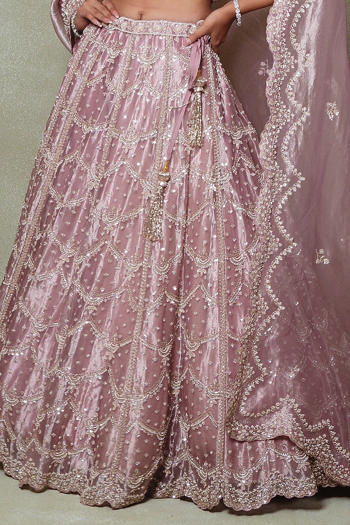 Rose Pink Tissue Sequins Embroidered Bridal Lehenga Set by Vedant G at Pernia's Pop Up Shop