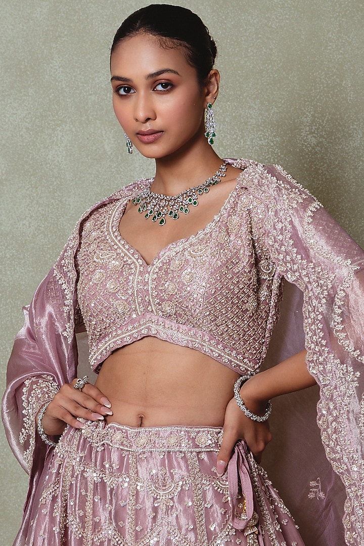 Rose Pink Tissue Sequins Embroidered Bridal Lehenga Set by Vedant G at Pernia's Pop Up Shop