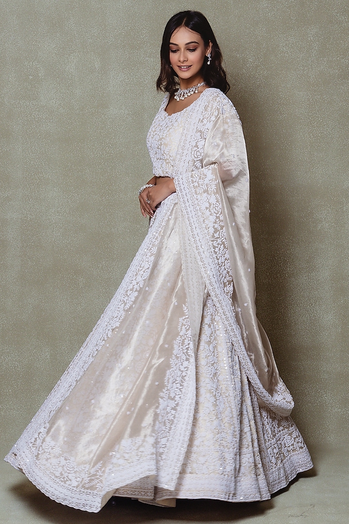 Champagne Tissue Pearl Embroidered Bridal Lehenga Set by Vedant G at Pernia's Pop Up Shop