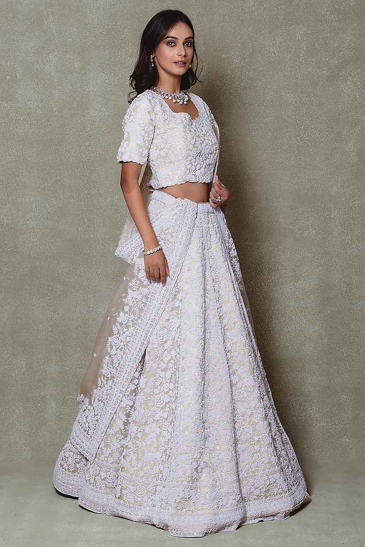 Champagne Tissue Pearl Embroidered Bridal Lehenga Set by Vedant G at Pernia's Pop Up Shop