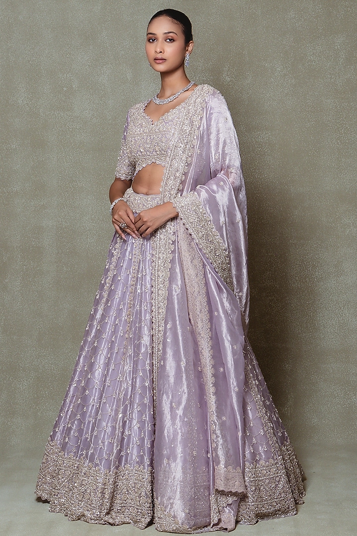 Lilac Tissue Sequins Embroidered Bridal Lehenga Set by Vedant G at Pernia's Pop Up Shop