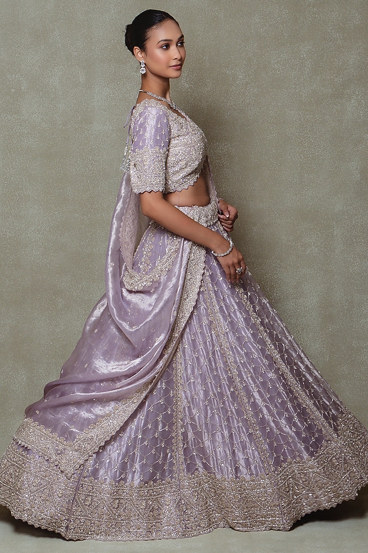 Lilac Tissue Sequins Embroidered Bridal Lehenga Set by Vedant G at Pernia's Pop Up Shop