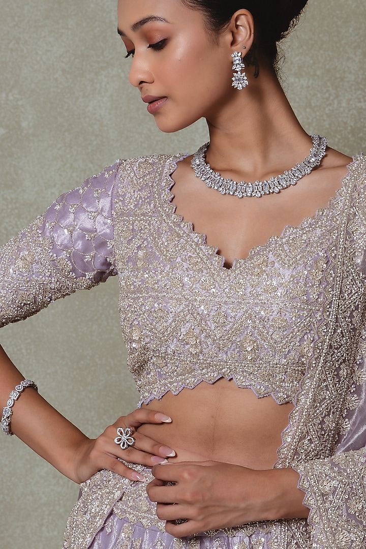 Lilac Tissue Sequins Embroidered Bridal Lehenga Set by Vedant G at Pernia's Pop Up Shop
