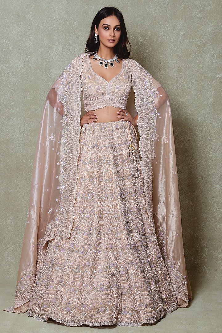 Peach Tissue Sequins Embroidered Bridal Lehenga Set by Vedant G at Pernia's Pop Up Shop