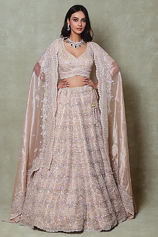 Peach Tissue Sequins Embroidered Lehenga Set by Vedant G