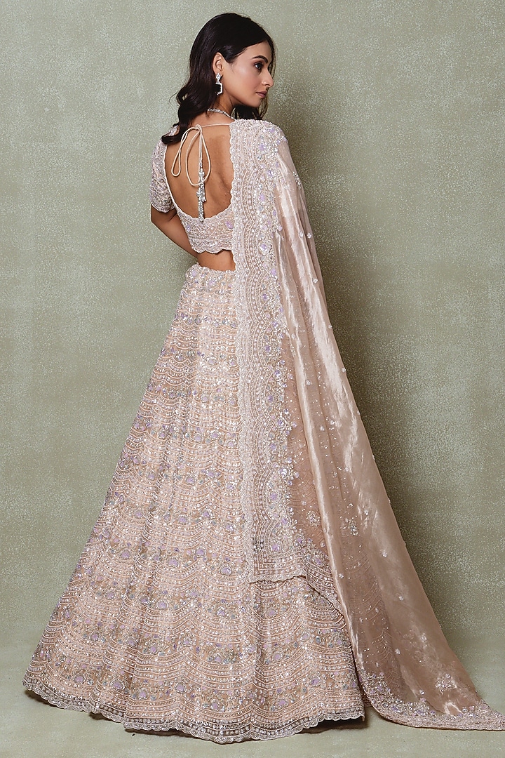 Peach Tissue Sequins Embroidered Bridal Lehenga Set by Vedant G at Pernia's Pop Up Shop