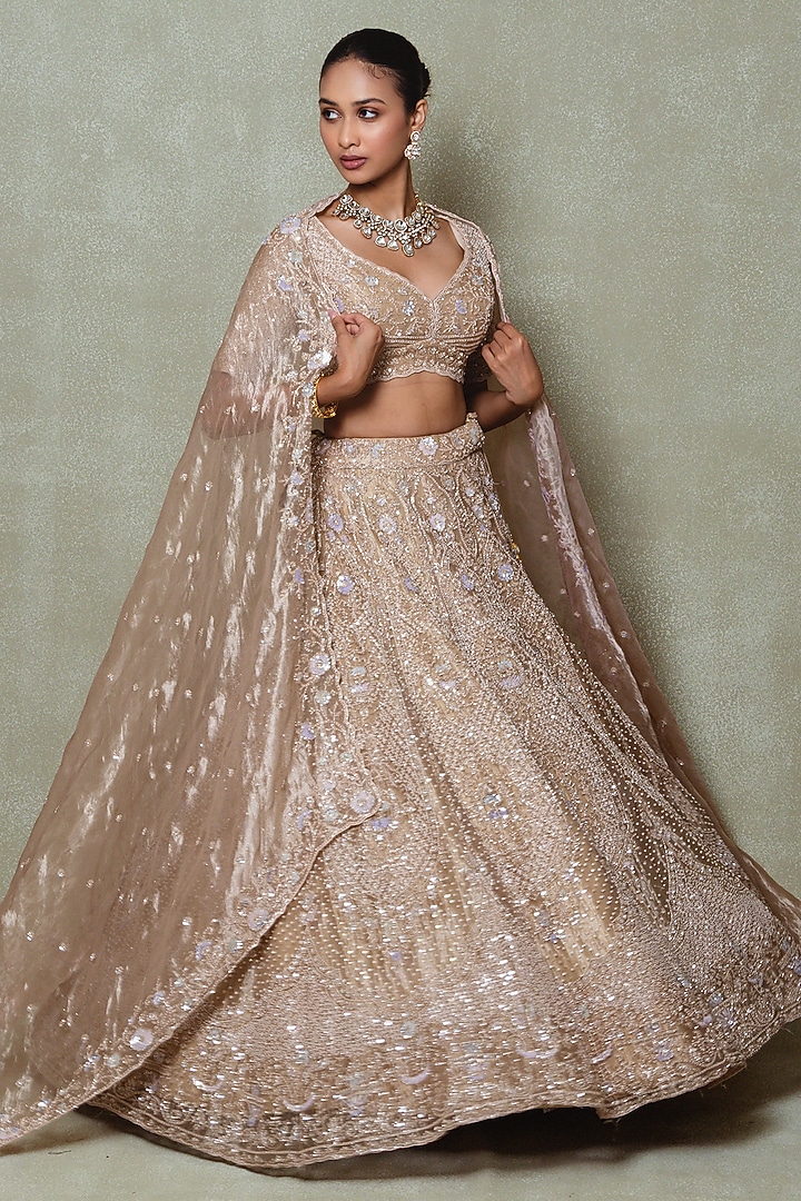 Brown Tissue Sequins Embroidered Bridal Lehenga Set by Vedant G at Pernia's Pop Up Shop