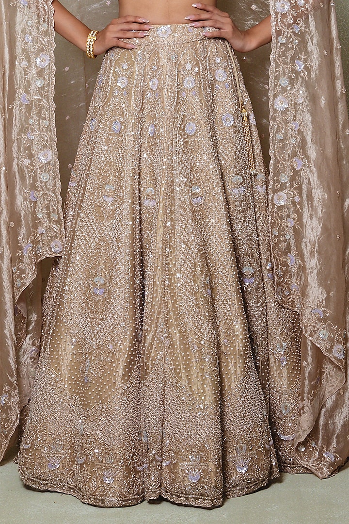 Brown Tissue Sequins Embroidered Bridal Lehenga Set by Vedant G at Pernia's Pop Up Shop