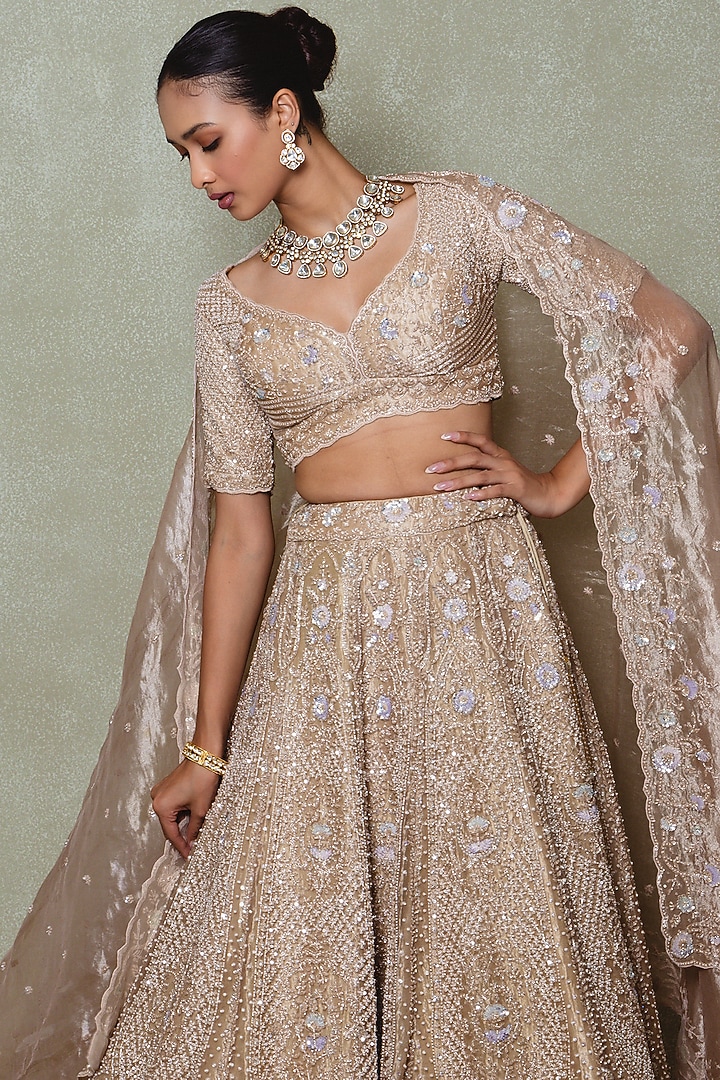 Brown Tissue Sequins Embroidered Bridal Lehenga Set by Vedant G at Pernia's Pop Up Shop