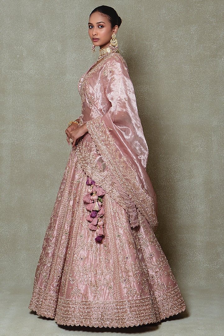 Rose Pink Tissue Zardosi Embroidered Bridal Lehenga Set by Vedant G at Pernia's Pop Up Shop