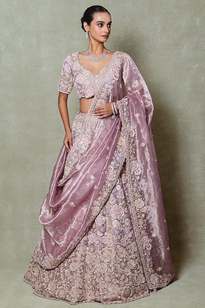 Lavender Tissue Thread & Sequins Embroidered Bridal Lehenga Set by Vedant G at Pernia's Pop Up Shop