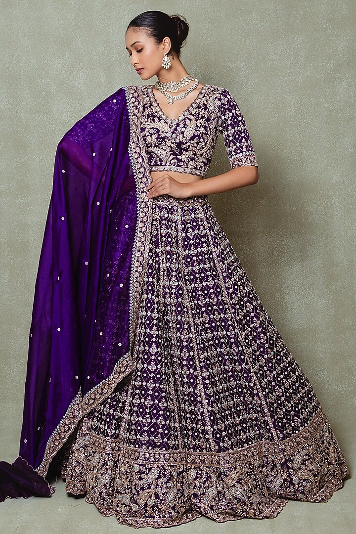 Purple Organza Zardozi Embroidered Bridal Lehenga Set by Vedant G at Pernia's Pop Up Shop