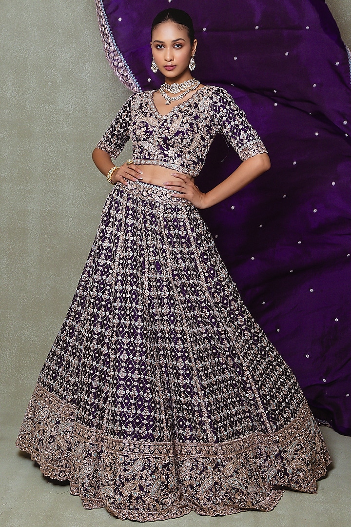 Purple Organza Zardozi Embroidered Bridal Lehenga Set by Vedant G at Pernia's Pop Up Shop