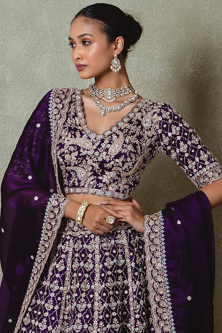 Purple Organza Zardozi Embroidered Bridal Lehenga Set by Vedant G at Pernia's Pop Up Shop
