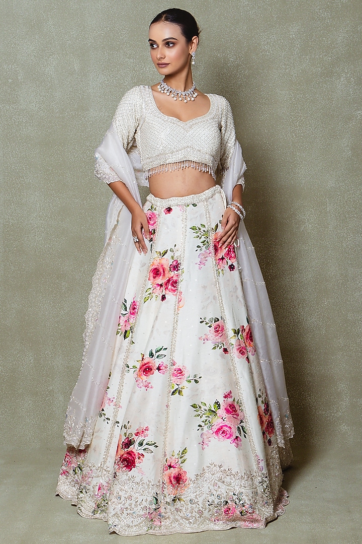 Ivory Silk Sequins Embroidered & Printed Wedding Lehenga Set by Vedant G at Pernia's Pop Up Shop