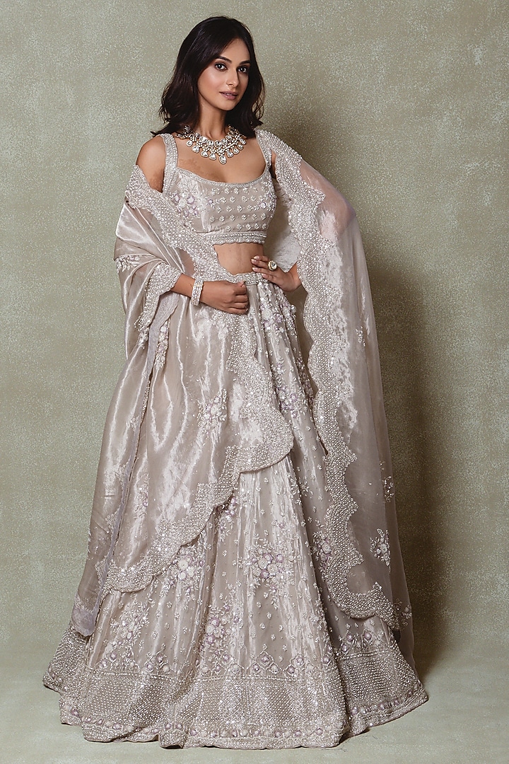 Grey Tissue Sequins Embroidered Bridal Lehenga Set by Vedant G at Pernia's Pop Up Shop