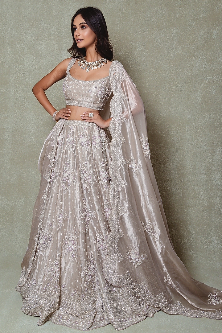 Grey Tissue Sequins Embroidered Bridal Lehenga Set by Vedant G at Pernia's Pop Up Shop