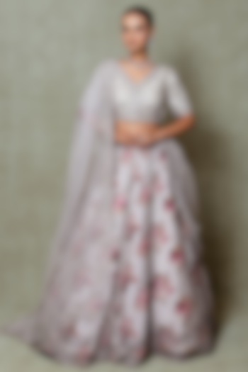 Grey Silk Sequins Embroidered & Printed Wedding Lehenga Set by Vedant G at Pernia's Pop Up Shop