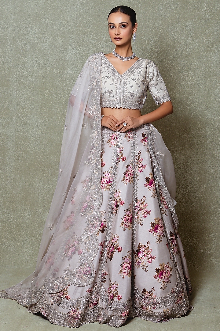 Grey Silk Sequins Embroidered & Printed Wedding Lehenga Set by Vedant G at Pernia's Pop Up Shop