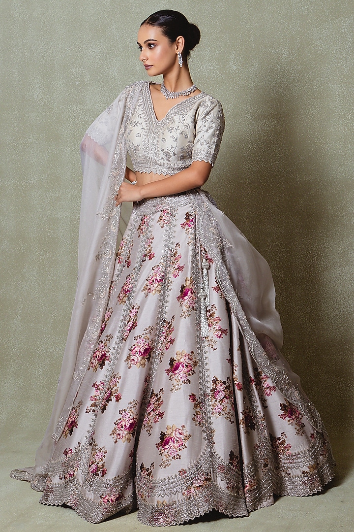 Grey Silk Sequins Embroidered & Printed Wedding Lehenga Set by Vedant G at Pernia's Pop Up Shop