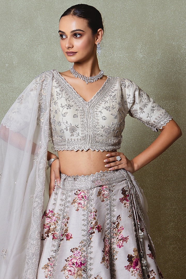 Grey Silk Sequins Embroidered & Printed Wedding Lehenga Set by Vedant G at Pernia's Pop Up Shop