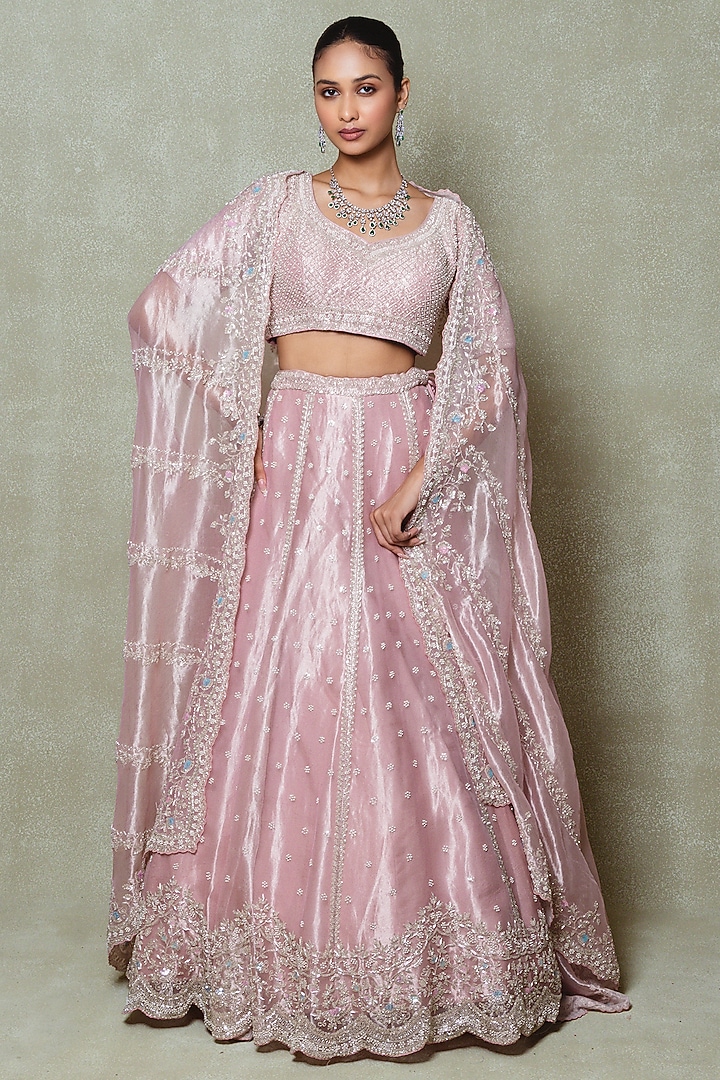Pink Tissue Sequins Embroidered Bridal Lehenga Set by Vedant G at Pernia's Pop Up Shop