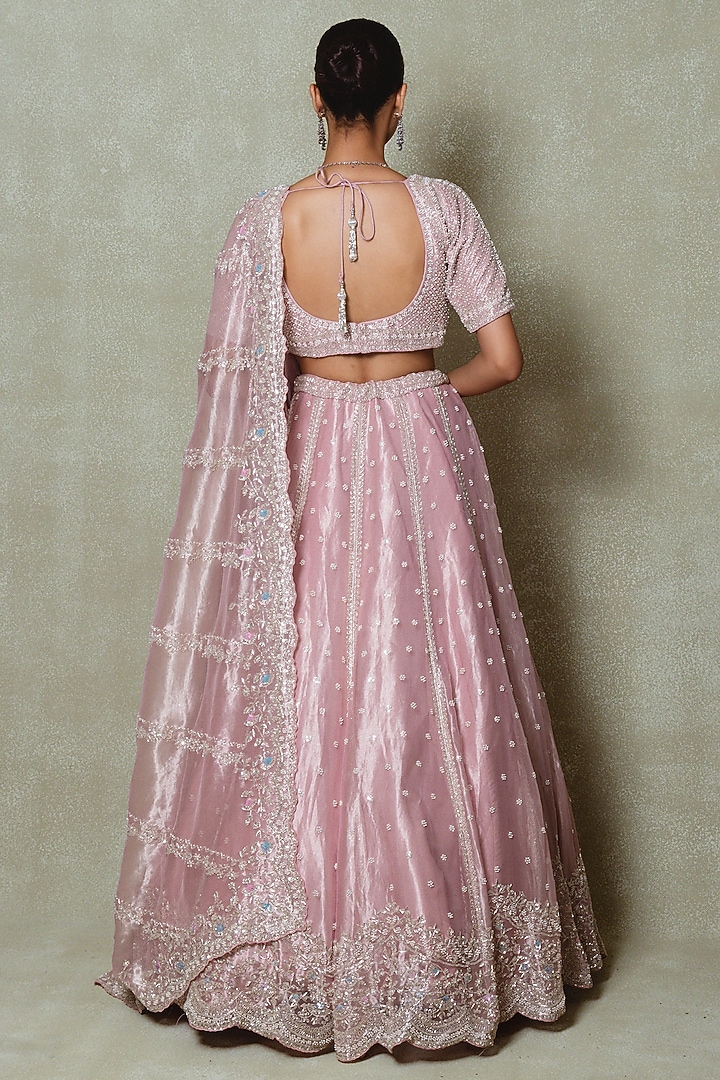 Pink Tissue Sequins Embroidered Bridal Lehenga Set by Vedant G at Pernia's Pop Up Shop