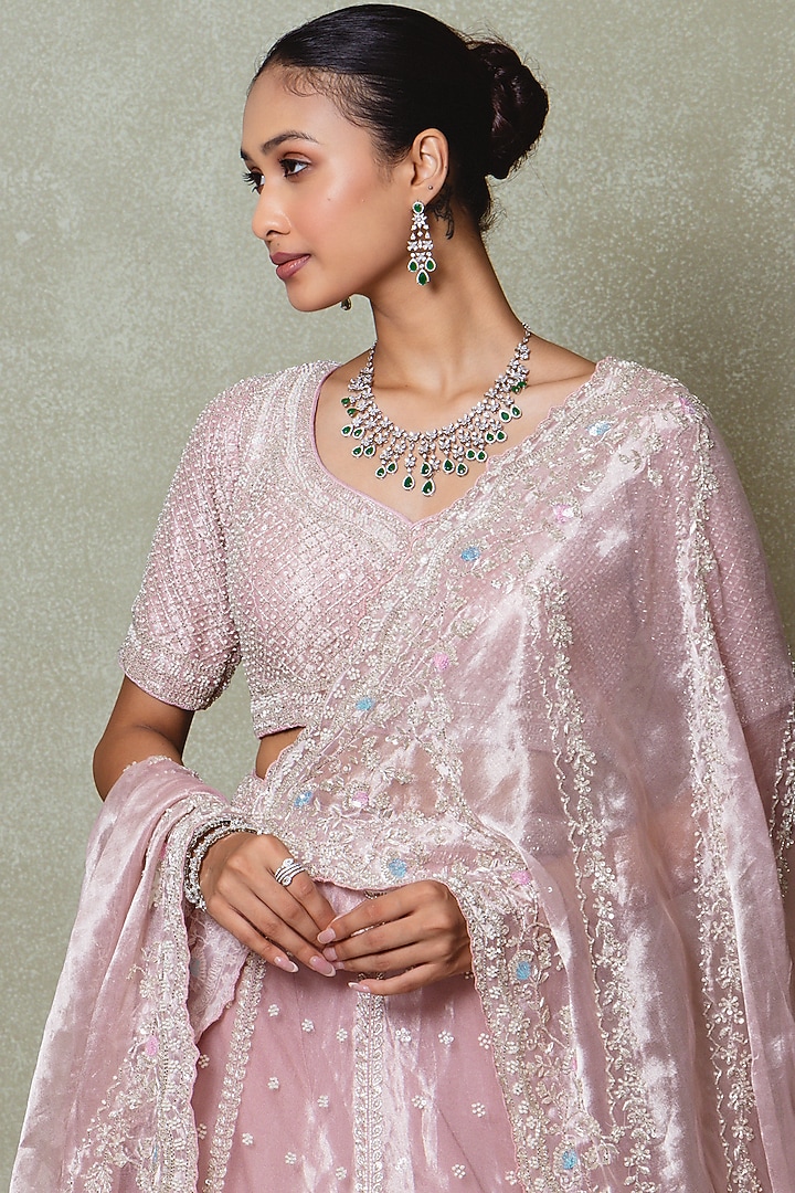 Pink Tissue Sequins Embroidered Bridal Lehenga Set by Vedant G at Pernia's Pop Up Shop