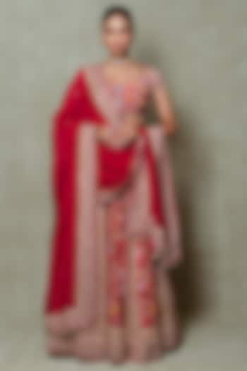 Red Crepe Sequins Embellished Wedding Lehenga Set by Vedant G at Pernia's Pop Up Shop