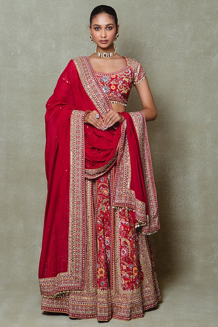 Red Crepe Sequins Embellished Wedding Lehenga Set by Vedant G at Pernia's Pop Up Shop