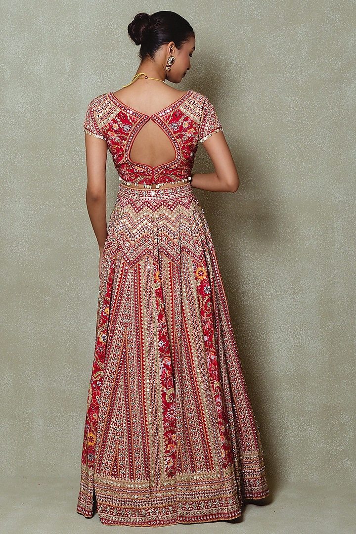 Red Crepe Sequins Embellished Wedding Lehenga Set by Vedant G at Pernia's Pop Up Shop