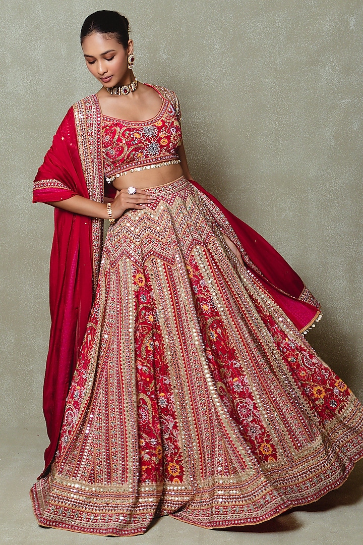 Red Crepe Sequins Embellished Wedding Lehenga Set by Vedant G at Pernia's Pop Up Shop