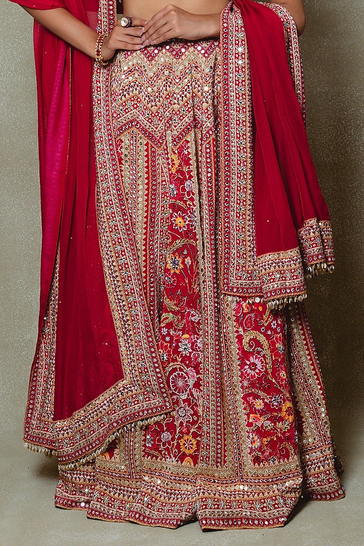 Red Crepe Sequins Embellished Wedding Lehenga Set by Vedant G at Pernia's Pop Up Shop