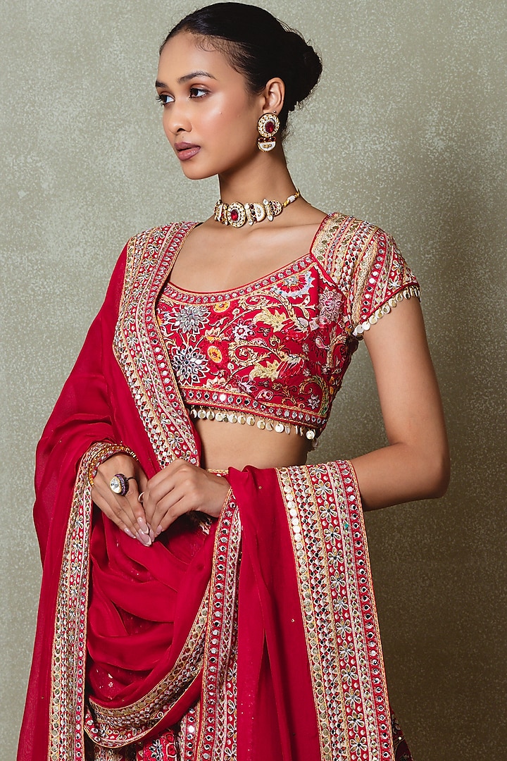 Red Crepe Sequins Embellished Wedding Lehenga Set by Vedant G at Pernia's Pop Up Shop