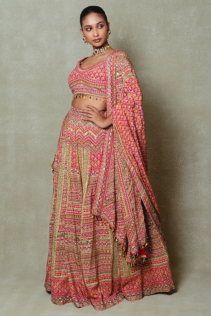 Pink Crepe Silk Digital Printed Wedding Lehenga Set by Vedant G at Pernia's Pop Up Shop