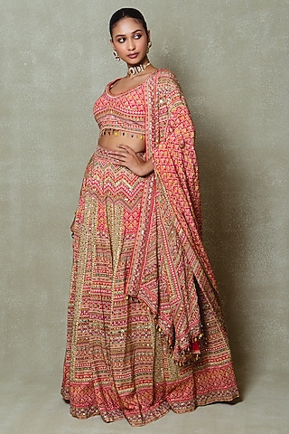 Pink Crepe Silk Digital Printed Lehenga Set by Vedant G