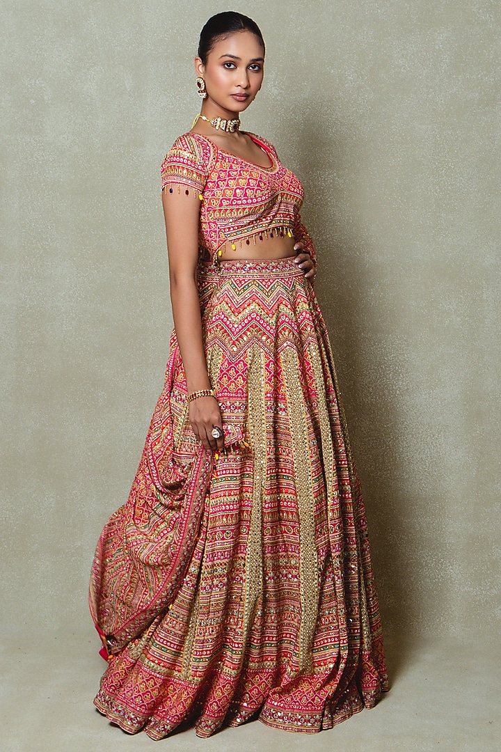 Pink Crepe Silk Digital Printed Wedding Lehenga Set by Vedant G at Pernia's Pop Up Shop