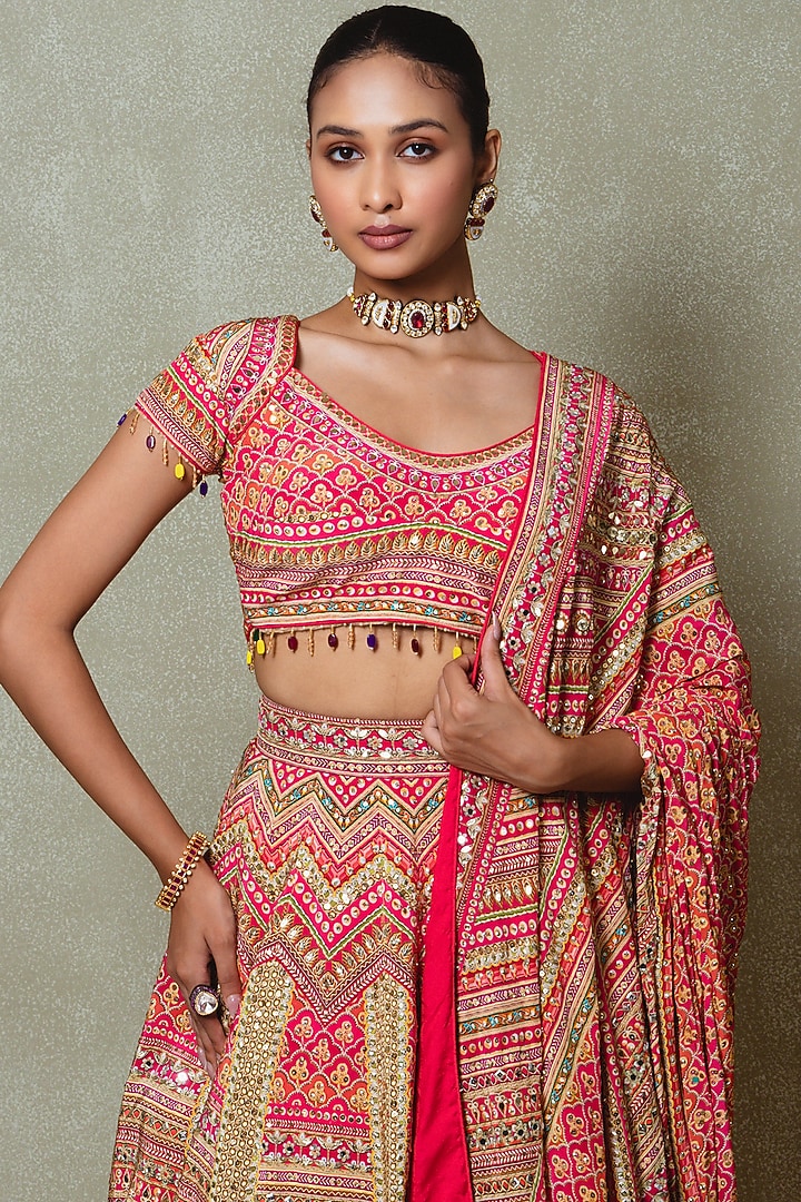 Pink Crepe Silk Digital Printed Wedding Lehenga Set by Vedant G at Pernia's Pop Up Shop