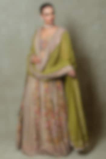 Olive Green Crepe Silk Digital Printed Wedding Lehenga Set by Vedant G at Pernia's Pop Up Shop